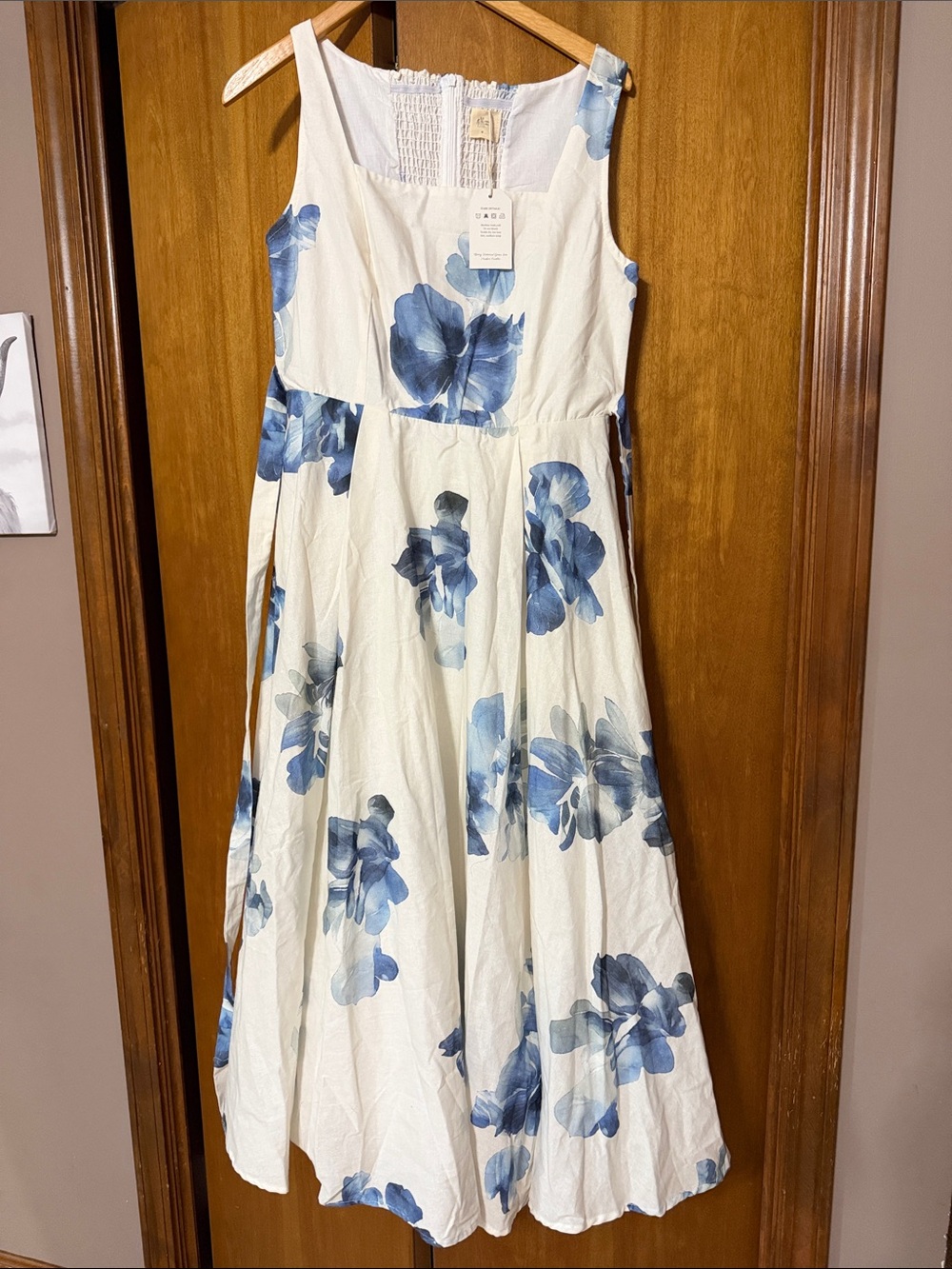 Linen Vibes White Maxi Dress with Blue Floral Print - Sleeveless Summer Maxi